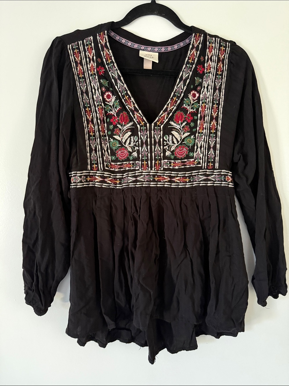 Knox Rose Black Embroidered V-Neck Tunic with Red Floral Accents